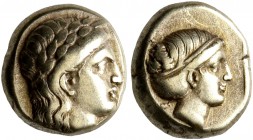 LESBOS. Mytilene. Circa 377-326 BC. Hekte (Electrum, 10 mm, 2.53 g, 11 h). Laureate head of Apollo to right. Rev. Head of a female to right, her hair ...