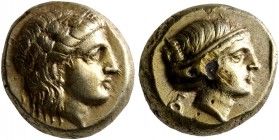 LESBOS. Mytilene. Circa 377-326 BC. Hekte (Electrum, 10 mm, 2.54 g, 11 h). Laureate head of Apollo to right. Rev. Head of a female to right, her hair ...