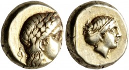 LESBOS. Mytilene. Circa 377-326 BC. Hekte (Electrum, 10 mm, 2.54 g, 11 h). Laureate head of Apollo to right; behind, small serpent. Rev. Head of a fem...