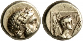 LESBOS. Mytilene. Circa 377-326 BC. Hekte (Electrum, 10 mm, 2.55 g, 11 h). Laureate head of Zeus to right; before, small serpent to right. Rev. Half-l...