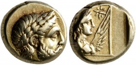 LESBOS. Mytilene. Circa 377-326 BC. Hekte (Electrum, 10 mm, 2.54 g, 12 h). Laureate head of Zeus to right; before, small serpent to right. Rev. Half-l...