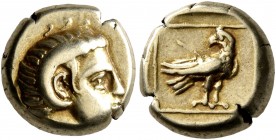 LESBOS. Mytilene. Circa 377-326 BC. Hekte (Electrum, 10 mm, 2.53 g, 2 h). Head of Apollo Karneios to right, wearing horn of Ammon over his ear. Rev. E...