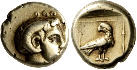 LESBOS. Mytilene. Circa 377-326 BC. Hekte (Electrum, 11 mm, 2.53 g, 9 h). Head of Apollo Karneios to right, wearing horn of Ammon over his ear. Rev. E...