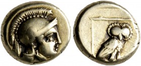 LESBOS. Mytilene. Circa 377-326 BC. Hekte (Electrum, 11 mm, 2.53 g, 6 h). Head of Athena to right, wearing crested Attic helmet. Rev. Owl standing rig...