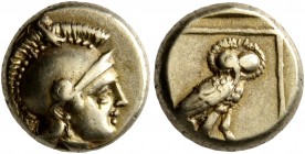 LESBOS. Mytilene. Circa 377-326 BC. Hekte (Electrum, 10 mm, 2.53 g, 2 h). Head of Athena to right, wearing crested Attic helmet. Rev. Owl standing rig...