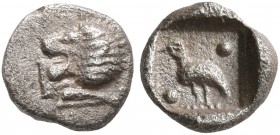 IONIA. Miletos. Late 6th-early 5th century BC. Tetartemorion (Silver, 6 mm, 0.23 g, 4 h). Forepart of a roaring lion to right, head to left. Rev. Eagl...