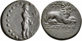 IONIA. Miletos. 1st century BC. AE (Bronze, 19 mm, 4.52 g, 12 h), Zopyros, magistrate. Cult statue of Apollo Didymaios standing right, holding small s...