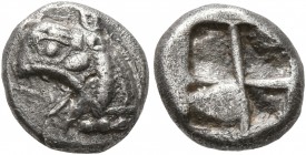 IONIA. Phokaia. Circa 521-478 BC. Diobol (Silver, 10 mm, 1.18 g). Head of griffin to left; behind, seal. Rev. Quadripartite incuse square. SNG von Aul...