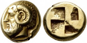 IONIA. Phokaia. Circa 478-387 BC. Hekte (Electrum, 10 mm, 2.50 g). Bearded head of Zeus Ammon to left; to right, small seal. Rev. Quadripartite incuse...