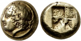 IONIA. Phokaia. Circa 478-387 BC. Hekte (Electrum, 10 mm, 2.53 g). Head of Dionysos to left, wearing wreath of ivy; behind, small seal downward. Rev. ...