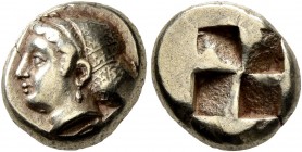IONIA. Phokaia. Circa 478-387 BC. Hekte (Electrum, 10 mm, 2.54 g). Head of a nymph to left, her hair in sphendone; below, small seal to right. Rev. Qu...