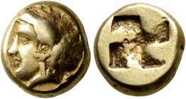 IONIA. Phokaia. Circa 478-387 BC. Hekte (Electrum, 10 mm, 2.53 g). Head of a nymph to left, her hair bound in sakkos; behind, small seal downward. Rev...