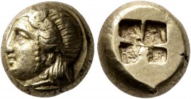 IONIA. Phokaia. Circa 478-387 BC. Hekte (Electrum, 9 mm, 2.55 g). Head of Io to left; below, small seal to right. Rev. Quadripartite incuse square. Bo...