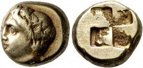 IONIA. Phokaia. Circa 387-326 BC. Hekte (Electrum, 10 mm, 2.55 g). Head of young Pan to left, wearing wreath of ivy and fruit; below, small seal to ri...