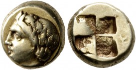 IONIA. Phokaia. Circa 478-387 BC. Hekte (Electrum, 10 mm, 2.56 g). Head of young Pan to left, wearing wreath of ivy and fruit; below, seal to right. R...