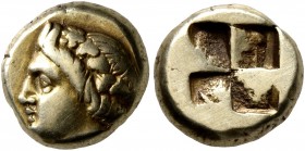 IONIA. Phokaia. Circa 387-326 BC. Hekte (Electrum, 10 mm, 2.53 g). Head of young Pan to left, wearing wreath of ivy and fruit; below, small seal to ri...