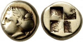 IONIA. Phokaia. Circa 387-326 BC. Hekte (Electrum, 10 mm, 2.51 g). Laureate female head to left, hair in sakkos; below, small seal to right. Rev. Quad...