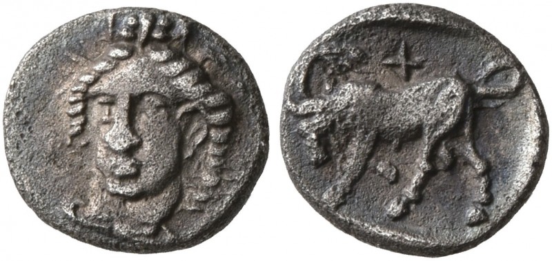 IONIA. Phygela. Circa 400-350 BC. Hemiobol (Silver, 8 mm, 0.41 g, 11 h). Head of...