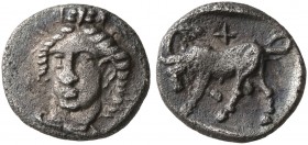 IONIA. Phygela. Circa 400-350 BC. Hemiobol (Silver, 8 mm, 0.41 g, 11 h). Head of Artemis Munychia facing slightly to left, wearing polos. Rev. Bull bu...