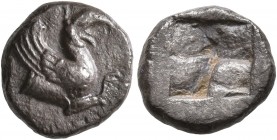 IONIA. Teos. Late 6th-early 5th century BC. Diobol (Silver, 11 mm, 1.61 g). Forepart of a griffin to right. Rev. Rough incuse square. Balcer -. SNG Co...