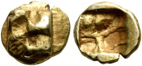 IONIA. Uncertain. Circa 625-600 BC. Myshemihekte – 1/24 Stater (Electrum, 7 mm, 0.63 g), Phokaic standard. Raised clockwise swastika pattern. Rev. Qua...