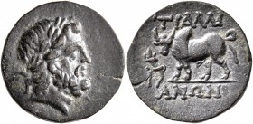 LYDIA. Tralleis. 2nd-1st century BC. AE (Bronze, 17 mm, 2.24 g, 1 h). Laureate head of Zeus to right. Rev. ΤΡΑΛΛΙ-ΑΝΩΝ Bull standing left; to left, fi...