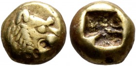 KINGS OF LYDIA. Alyattes II to Kroisos, circa 610-546 BC. Hemihekte – 1/12 Stater (Electrum, 7 mm, 1.18 g), Sardes. Head of a lion with sun and rays o...