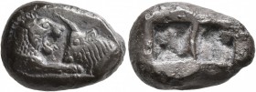 KINGS OF LYDIA. Kroisos, circa 560-546 BC. Siglos (Silver, 16 mm, 5.00 g), Sardes. Confronted foreparts of a lion and a bull. Rev. Two incuse squares,...