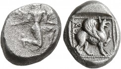 CARIA. Kaunos. Circa 490-470 BC. Hemidrachm (Silver, 12 mm, 2.35 g, 4 h). Winged female figure in kneeling-running stance to right, head to left, . Re...