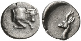 CARIA. Uncertain. 5th century BC. Obol (Silver, 6 mm, 0.18 g, 4 h). Forepart of a bull to right. Rev. Head of a gazelle to left. Cf. CNG 287 (2012), 2...