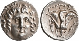 ISLANDS OFF CARIA, Rhodos. Rhodes. Circa 205-190 BC. Drachm (Silver, 15 mm, 2.71 g, 1 h), Gorgos, magistrate. Head of Helios facing slightly to right....