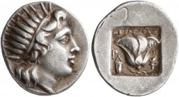 ISLANDS OFF CARIA, Rhodos. Rhodes. Circa 170-150 BC. Drachm (Silver, 16 mm, 3.10 g, 1 h), Dexagoras, magistrate. Radiate head of Helios to right. Rev....