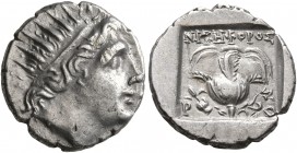 ISLANDS OFF CARIA, Rhodos. Rhodes. Circa 88-84 BC. Drachm (Silver, 14 mm, 2.48 g, 1 h), 'Plinthophoric' coinage, Nikephoros, magistrate. Radiate head ...