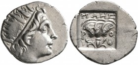 ISLANDS OFF CARIA, Rhodos. Rhodes. Circa 88-84 BC. Drachm (Silver, 16 mm, 2.08 g, 11 h), 'Plinthophoric' coinage, Maes, magistrate. Radiate head of He...