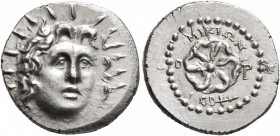 ISLANDS OFF CARIA, Rhodos. Rhodes. Circa 88/42 BC-AD 14. Drachm (Silver, 19 mm, 4.28 g), Mikion, magistrate. Radiate head of Helios facing slightly to...