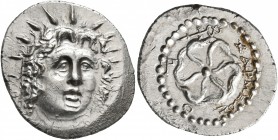 ISLANDS OFF CARIA, Rhodos. Rhodes. Circa 88/42 BC-AD 14. Drachm (Silver, 22 mm, 4.15 g), Charmelos, magistrate. Radiate head of Helios facing slightly...