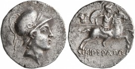 PHRYGIA. Kibyra. Circa 166-84 BC. Drachm (Silver, 16 mm, 3.10 g, 12 h). Male head (Kibyras?) to right, wearing crested helmet. Rev. KIBYPATΩN Horseman...
