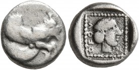 DYNASTS OF LYCIA. Uvug, circa 470-440 BC. Diobol (Silver, 11 mm, 1.49 g, 9 h), uncertain mint. Forepart of a winged man-headed bull to right. Rev. &#6...