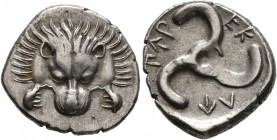 DYNASTS OF LYCIA. Perikles, circa 380-360 BC. 1/3 Stater (Silver, 16 mm, 2.85 g). Facing lion's scalp. Rev. &#66195;&#66177;&#66197;-&#66182;&#66187;-...