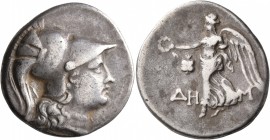 PAMPHYLIA. Side. Circa 205-100 BC. Tetradrachm (Silver, 29 mm, 16.54 g, 12 h), Dem..., magistrate, circa 205-190. Head of Athena to right, wearing cre...
