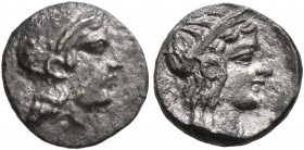 CILICIA. Holmoi. Circa 380-375 BC. Obol (Silver, 9 mm, 0.66 g, 7 h). Head of Athena to right, wearing crested Attic helmet. Rev. Diademed head of Apol...