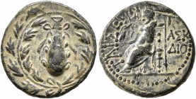 CILICIA. Tarsos. 164-27 BC. AE (Bronze, 15 mm, 2.78 g, 12 h). Club tied with fillets, within oak wreath. Rev. ΤΑΡΣΕΩΝ / ΑΣΚ / ΔΙΟ Zeus seated left on ...