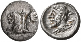 CILICIA. Uncertain. 4th century BC. Hemiobol (Silver, 8 mm, 0.37 g, 2 h). Two lion foreparts conjoined at truncation; lotus flower (?) between heads. ...
