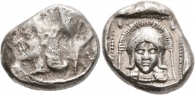 CYPRUS. Lapethos. Sidqmelek (?), circa 450-425 BC. Stater (Silver, 21 mm, 10.76 g, 10 h). Head of Athena to left, wearing crested Corinthian helmet. R...
