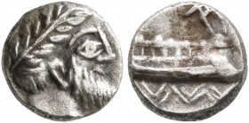 PHOENICIA. Arados. Circa 380-351/0 BC. Obol (Silver, 8 mm, 0.59 g, 7 h). Laureate head of Ba’al-Arwad to right. Rev. Galley to right over waves. Betly...