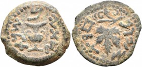 JUDAEA, First Jewish War. 66-70 AD. Prutah (Bronze, 19 mm, 3.44 g, 6 h), Year 2 = 67/8. Amphora. Rev. Vine leaf on branch with tendril. Hendin 1360. M...