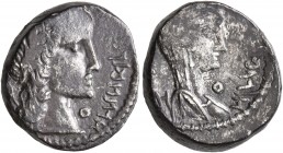 NABATAEA. Aretas IV, with Huldu, 9 BC-AD 40. Drachm (Silver, 15 mm, 4.36 g, 11 h), Petra, 9/8 BC. Laureate head of Aretas IV to right; to left and rig...
