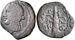 SYRTICA. Lepcis. Circa 108-30 BC. AE (Bronze, 19 mm, 4.14 g, 3 h). Head of Dionysos to left, wearing wreath of ivy and fruit. Rev. &#67852;&#67856;&#6...