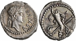 KINGS OF MAURETANIA. Juba II, 25 BC-AD 24. Denarius (Silver, 18 mm, 3.30 g, 8 h). REX IVBA Diademed head of Juba II to right. Rev. Cornucopiae crossed...