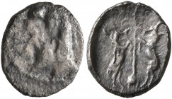 SAMARIA. Circa 375-333 BC. Obol (Silver, 10 mm, 0.69 g, 2 h). Male head to left. Rev. Palm tree flanked by two climbing goats. Meshorer & Qedar 110. S...